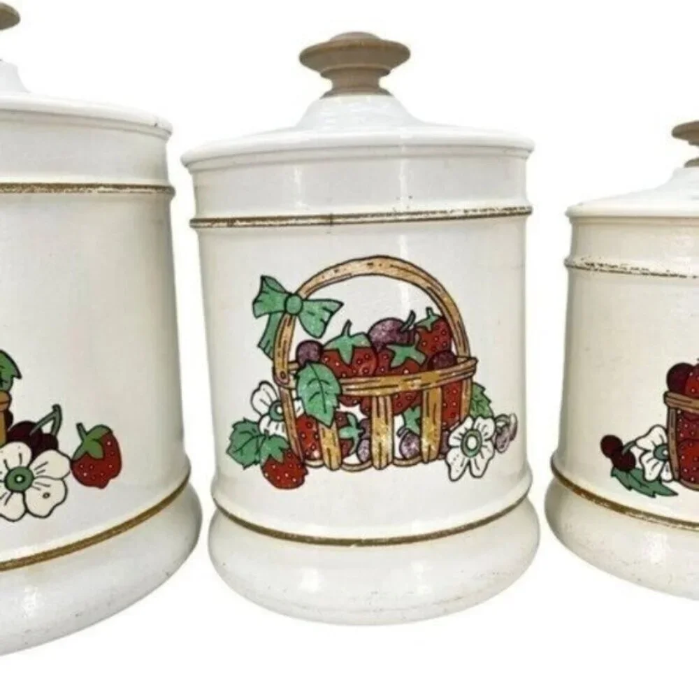 Vintage Kromex Basket Of Berries Aluminum Canister Set